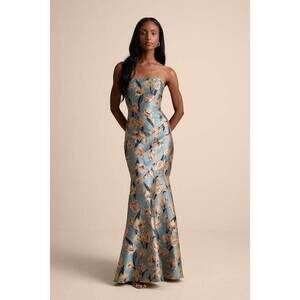 Lulus Gowning Around Slate Blue Floral Jacquard Strapless Maxi Dress - Size XL